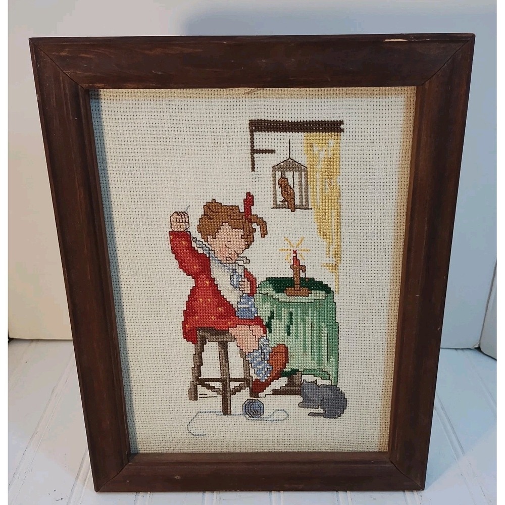 VTG Framed Hummel Cross Stitch Finished Girl Knitting Sock Cat Needlepoint 10x13